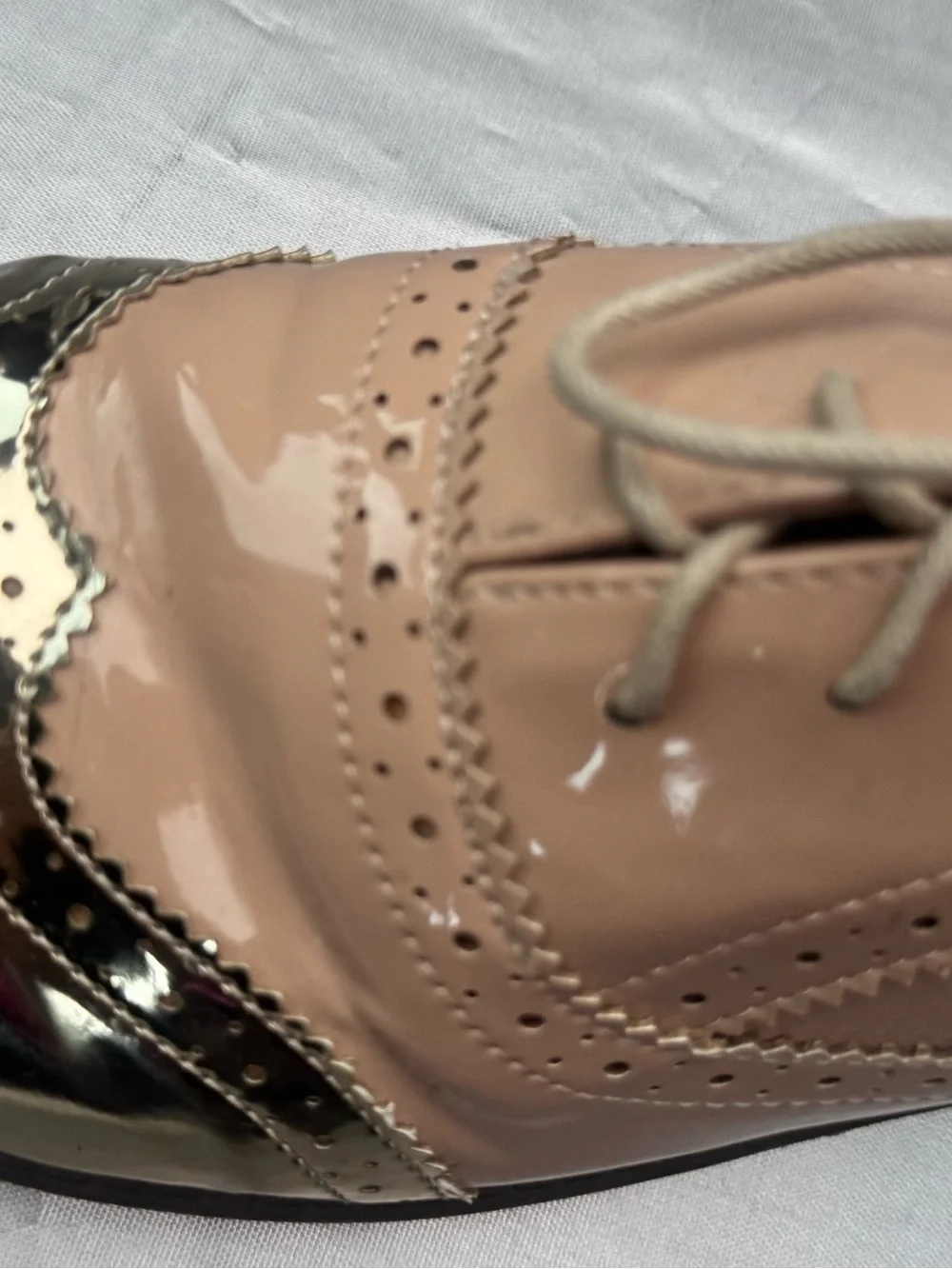 Women's Patent Leather Brogue Oxfords in Blush with Metallic Toe Size 7